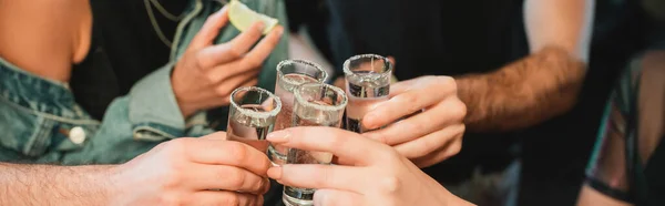 Ausgeschnittene Ansicht von interrassischen Freunden mit Tequila-Gläsern in der Bar, Banner — Stockfoto