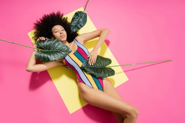 Top view of curly african american woman in colorful swimsuit getting tan near green palm leaves on yellow and pink — Stock Photo