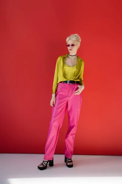 Full length of albino model in trendy outfit and sunglasses posing on carmine pink — Stock Photo