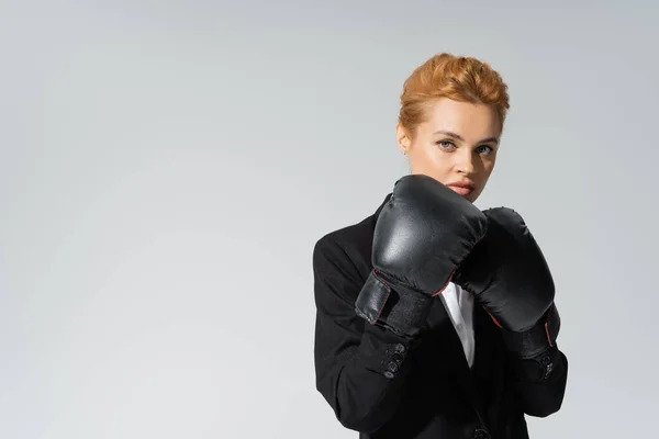 Целеустремленная деловая женщина в боксёрских перчатках, смотрящая на камеру, изолированную на сером — стоковое фото