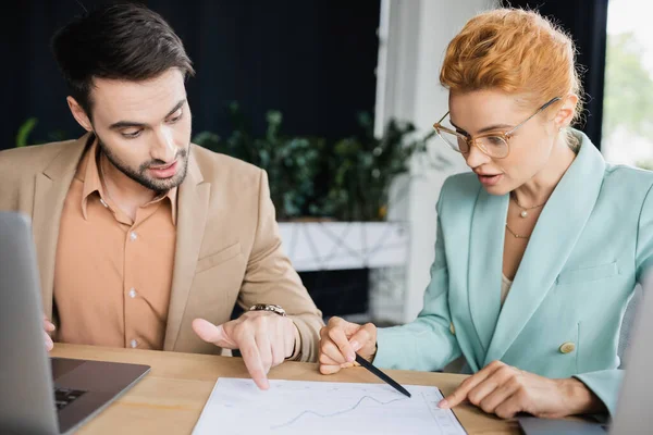 Stylish business colleagues pointing at graphs while working with documents in office — Stock Photo