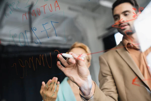 Empresário desfocado com caneta de feltro escrevendo na área de transferência perto de mulher apontando com a mão no escritório — Fotografia de Stock