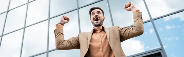 Low angle view of cheerful and stylish manager showing win gesture on urban street, banner — Stock Photo
