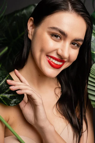 Seductora joven con cabello moreno y labios rojos sonriendo mientras posa alrededor de hojas de palmeras tropicales, húmedas y verdes con gotas de lluvia y mirando a la cámara - foto de stock