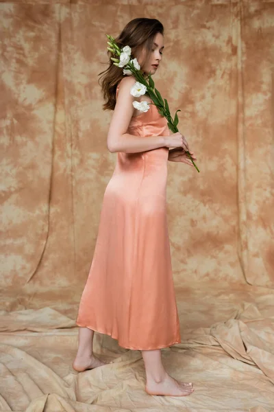Full length of barefoot and brunette and young woman in pink silk slip dress holding eustoma flowers while standing on mottled beige background, sensuality, elegance, sophistication — Stock Photo