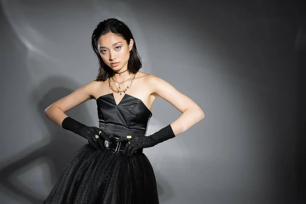 Charming asian young woman with short hair posing in black strapless dress with tulle skirt touching belt and looking at camera on grey background, wet hairstyle, golden jewelry — Stock Photo