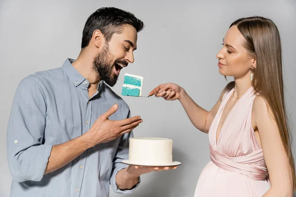 Позитивная и элегантная беременная женщина кормит мужа голубым тортом во время девичника и празднования на сером фоне, ожидая концепцию родителей, гендерную вечеринку, это мальчик — стоковое фото