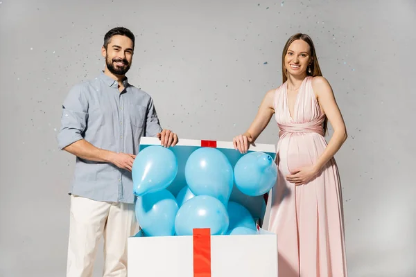Позитивна вагітна жінка в елегантній сукні, що відкриває болото, подарункова коробка з блакитними кульками, стоячи поруч з чоловіком під конфітті під час дитячого душу на сірому фоні, гендерна вечірка, це хлопчик — стокове фото