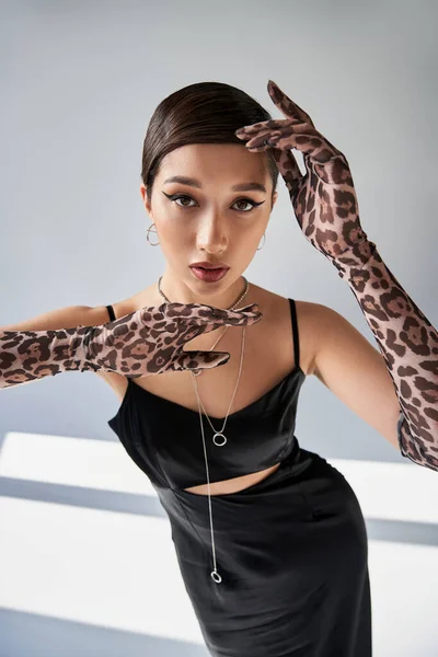 Trendy spring, youthful style, brunette asian woman in black strap dress, animal print gloves and silver accessories holding hands near face and looking at camera on grey background with lighting — Stock Photo