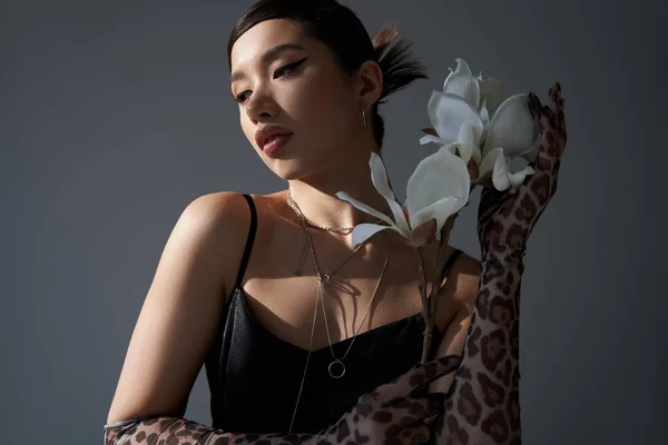 Encantadora mulher asiática com maquiagem ousada e cabelo morena segurando flor de orquídea branca enquanto posando em vestido de cinta preta no fundo cinza escuro, fotografia de moda primavera — Fotografia de Stock