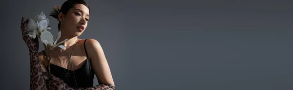 Jovem e elegante asiático mulher no prata colares e preto alça vestido segurando branco florescendo orquídea enquanto posando no escuro cinza fundo, na moda primavera, geração z, banner — Fotografia de Stock