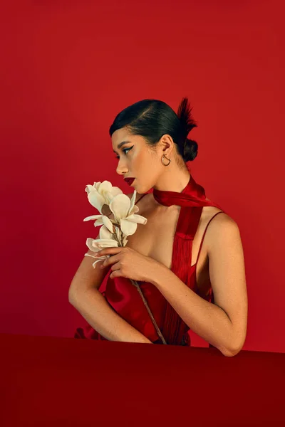 Concetto di moda primaverile, giovane donna asiatica seduta a tavola con orchidea bianca e guardando da un'altra parte su sfondo rosso, capelli castani, trucco audace, cinturino, fazzoletto, gen z style — Foto stock