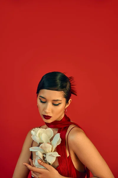 Modelo de moda asiática joven y encantadora en vestido de correa y pañuelo, con cabello moreno y maquillaje audaz mirando a la orquídea floreciente blanca sobre fondo rojo, primavera de moda, sesión de fotos de moda - foto de stock