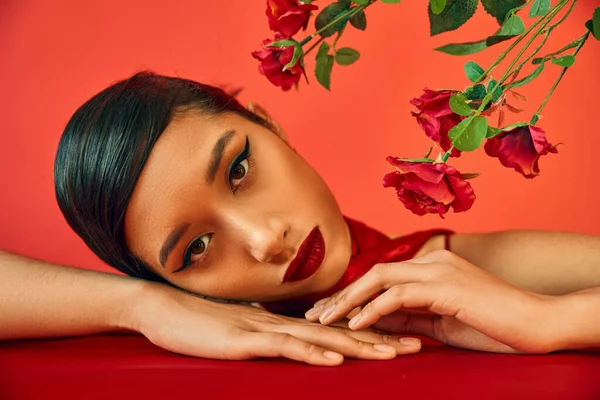 Портрет очаровательной и чувственной азиатской женщины с брюнетками и смелым макияжем, лежащей на столе рядом со свежими розами и смотрящей на камеру на красном фоне, молодой модой, модной весной — стоковое фото