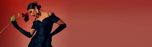 Mujer asiática joven y elegante en pendientes de moda, guantes largos negros y elegante vestido de cóctel posando con la mano en la cadera y peonía de color burdeos sobre fondo rojo y rosa, concepto de estilo primavera, bandera - foto de stock