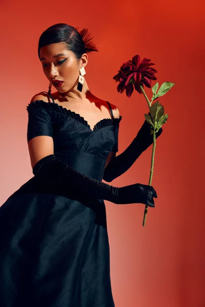 Elegante concepto de moda de primavera, mujer asiática joven en vestido de cóctel negro, guantes largos y pendientes de moda posando con peonía de color burdeos sobre fondo rojo y rosa, generación z - foto de stock