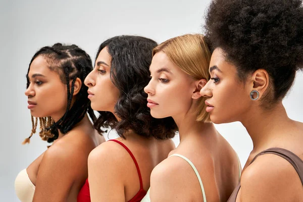 Разнообразные женщины в красочных бюстгальтерах смотрят в сторону и позируют, стоя вместе изолированные на сером, различных типах тела и концепции самовосприятия, мультикультурных моделей — стоковое фото
