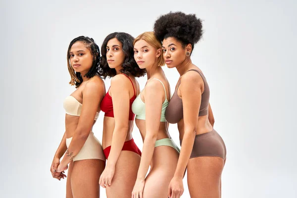 Confident multiethnic women in colorful and modern lingerie looking at camera and standing together isolated on grey, different body types and self-acceptance concept, multicultural models — Stock Photo