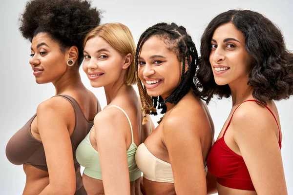 Portrait of cheerful and multiethnic women in colorful bras looking at camera while posing together isolated on grey, different body types and self-acceptance concept, multicultural models — Stock Photo