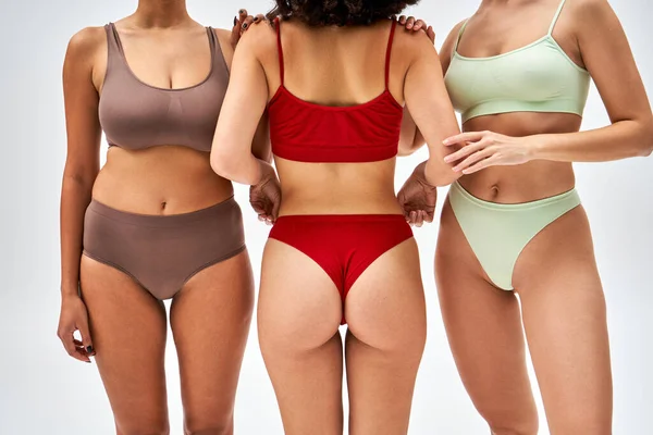 Cropped view of young woman in modern lingerie standing next to multiethnic friends and posing together on grey background, diverse body shapes and multiethnic women concept — Stock Photo