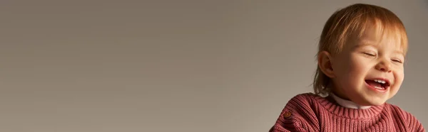 Ritratto di bambina carina, bambino piccolo, bambino felice in abbigliamento casual sorridente su sfondo grigio in studio, emozione, innocenza, moda bambino, vestito elegante, maglione, banner — Foto stock