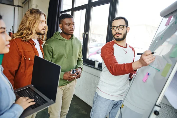 Bearded entrepreneur in eyeglasses drawing graphs on flip chart near multicultural business partners with coffee to go and laptop with blank screen, young creative team working in modern office — Stock Photo