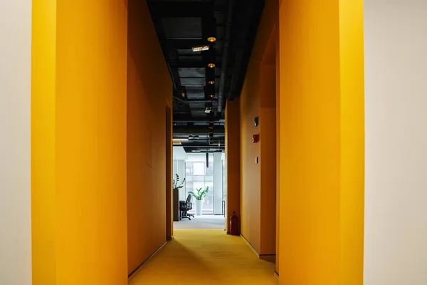 Lungo corridoio con pareti dipinte in vivace colore arancione in coworking office contemporaneo con interni moderni in stile high tech, concetto di organizzazione dello spazio di lavoro — Foto stock