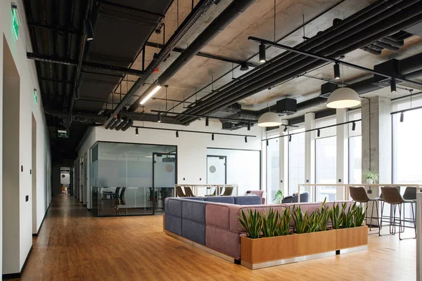 Просторий і сучасний офісний зал з м'яким і зручним диваном, великими вікнами, високими стільцями і зеленими рослинами, концепція організації робочого простору — стокове фото