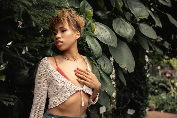 Молодая африканская американка в стильном трикотажном топе трогает грудь и смотрит в сторону, стоя возле зеленой листвы в оранжерее, модная леди в тропическом оазисе — стоковое фото
