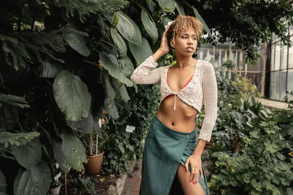 Mujer afroamericana joven de moda en traje de verano y la parte superior de punto posando cerca de plantas verdes y de pie en el jardín interior borroso, señora elegante rodeada de exuberante vegetación, verano - foto de stock