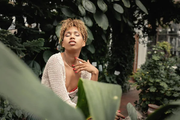Jeune femme afro-américaine tendance en été tricot haut toucher le cou et les yeux fermés tout en se tenant près des plantes dans le jardin intérieur à l'arrière-plan, dame élégante entourée de verdure luxuriante — Photo de stock