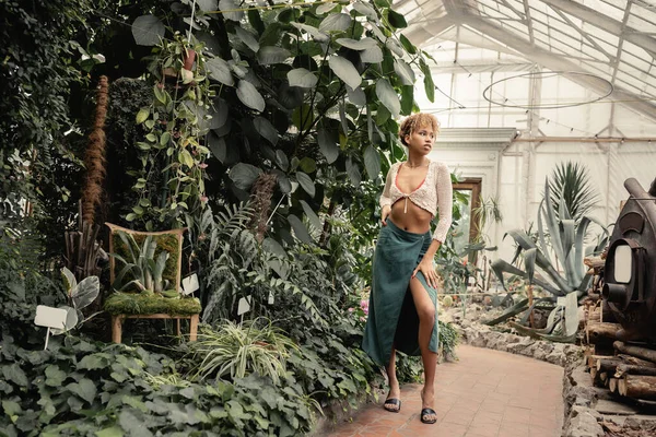 Joven mujer afroamericana en traje de verano y la parte superior de punto mirando hacia otro lado mientras está de pie cerca de plantas verdes en el jardín interior, mujer elegante con fondo tropical - foto de stock