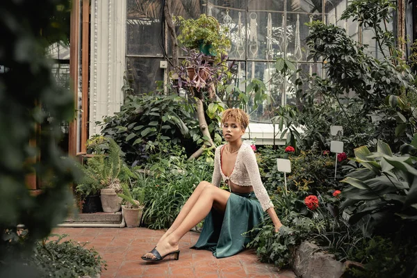 Mulher americana africana jovem e confiante em roupa de verão elegante olhando para a câmera enquanto sentado perto de plantas verdes com flores em orangery, senhora moda-forward em meio a vegetação tropical — Fotografia de Stock