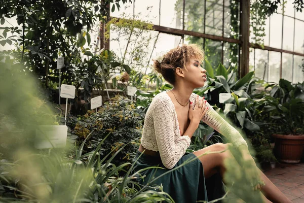 Mujer afroamericana joven en traje de verano elegante descansando mientras está sentado cerca de plantas verdes en el fondo en el jardín interior, señora de la moda hacia adelante en medio de la vegetación tropical, concepto de verano - foto de stock