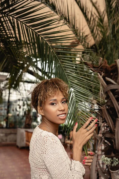 Giovane donna afroamericana sorridente con bretelle in maglia superiore toccante brunch di palma e guardando la fotocamera nel centro del giardino, fashionista in posa in mezzo alla flora tropicale, concetto estivo — Foto stock