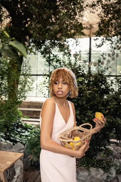 Elegante mujer afroamericana joven en vestido de verano celebración de la cesta con limones frescos y de pie en el centro de jardín borroso en el fondo, mujer de moda con estilo tropical, concepto de verano - foto de stock