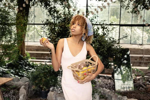 Elegante mujer afroamericana joven en pañuelo para la cabeza y vestido de verano que sostiene la cesta y limón fresco mientras mira hacia otro lado en el jardín interior borroso, mujer de moda con estilo tropical, concepto de verano - foto de stock