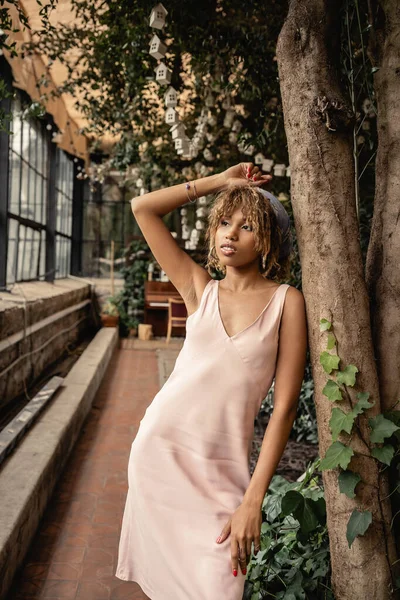 Модная молодая африканская американка в платке и летнем платье расслабляется, стоя рядом с деревьями в размытом внутреннем саду, стильная женщина с тропическими растениями на заднем плане, летняя концепция — стоковое фото