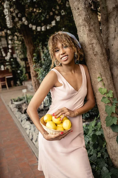 African american woman with braces wearing summer outfit and smiling at camera while holding lemons in basket and standing near trees in orangery, fashion-forward lady in harmony with tropical flora — Stock Photo