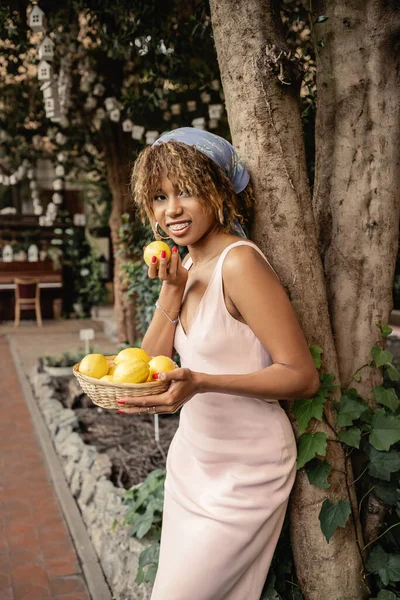Moderna mujer afroamericana joven en traje de verano sonriendo y sosteniendo cesta con limones cerca de los árboles en el jardín interior borroso, señora de la moda hacia adelante en armonía con la flora tropical, concepto de verano - foto de stock