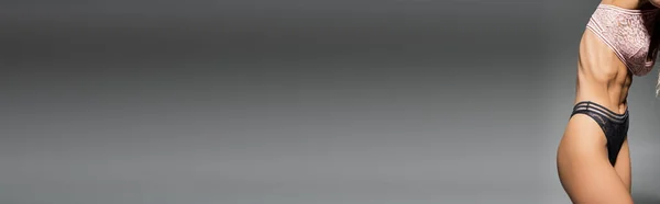 Vista parziale del modello femminile sexy in lingerie di pizzo in posa su sfondo grigio, look elegante, mutandine e reggiseno, corpo snello, figura sottile, donna formosa, banner con spazio copia — Foto stock