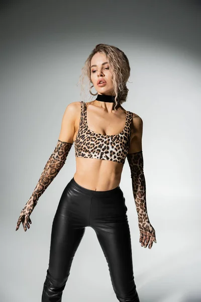 Stunning woman with sexy body and dyed ash blonde hair posing in animal print crop top, long gloves and black latex pants while standing on grey background, glamour fashion, modern individuality — Stock Photo