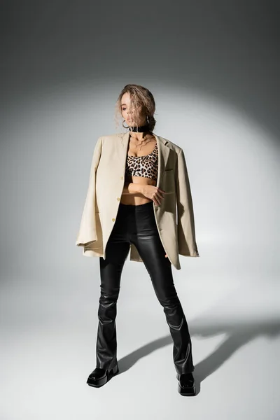 Moda moderna y estilo, longitud completa de mujer encantadora y sexy con pelo rubio ceniza teñida, con la parte superior de impresión de leopardo y guantes de látex negro, posando con chaqueta beige sobre fondo gris - foto de stock