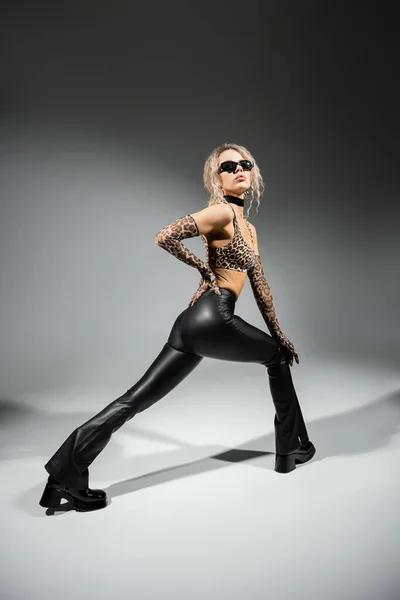 Full length of sexy woman in dark sunglasses, animal print crop top, long gloves and black latex pants posing with hand on hip on grey background, glamour style, modern self-expression — Stock Photo