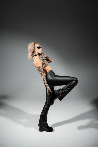 Full length of trendy and sexy woman with wavy ash blonde hair, in animal print crop top, long gloves and black latex pants standing on one leg on grey background, side view — Stock Photo