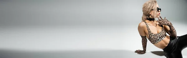 Verführerische und sexy Frau mit gefärbten aschblonden Haaren und durchtrainiertem Körper, die das Kinn berührt und vor grauem Hintergrund wegsieht, dunkle Sonnenbrille, bauchfreies Top mit Animal-Print, lange Handschuhe und schwarze Latexhosen, Banner — Stockfoto