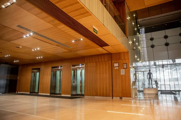 Современный интерьер отеля с изысканным дизайном вестибюля, лифтом, удобством, стильной и роскошной атмосферой, просторностью и комфортом, элегантностью и шиком, эстетикой — стоковое фото