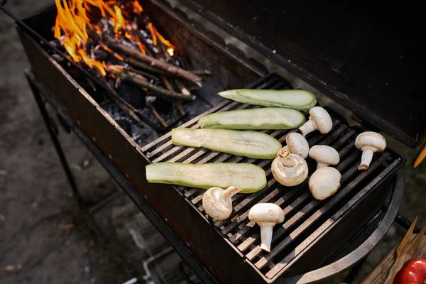 Vue grand angle de la cuisson des légumes sur le barbecue pendant le pique-nique en plein air, des aliments savoureux et de la nutrition — Photo de stock