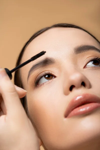 Cropped view of young asian woman with natural makeup applying eyebrow gel isolated on beige — Stock Photo