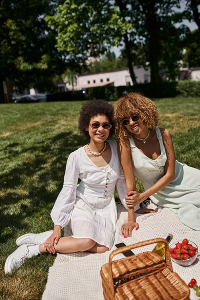 Novias afroamericanas despreocupadas en el picnic de verano, manta, cesta de paja, comida, vino - foto de stock
